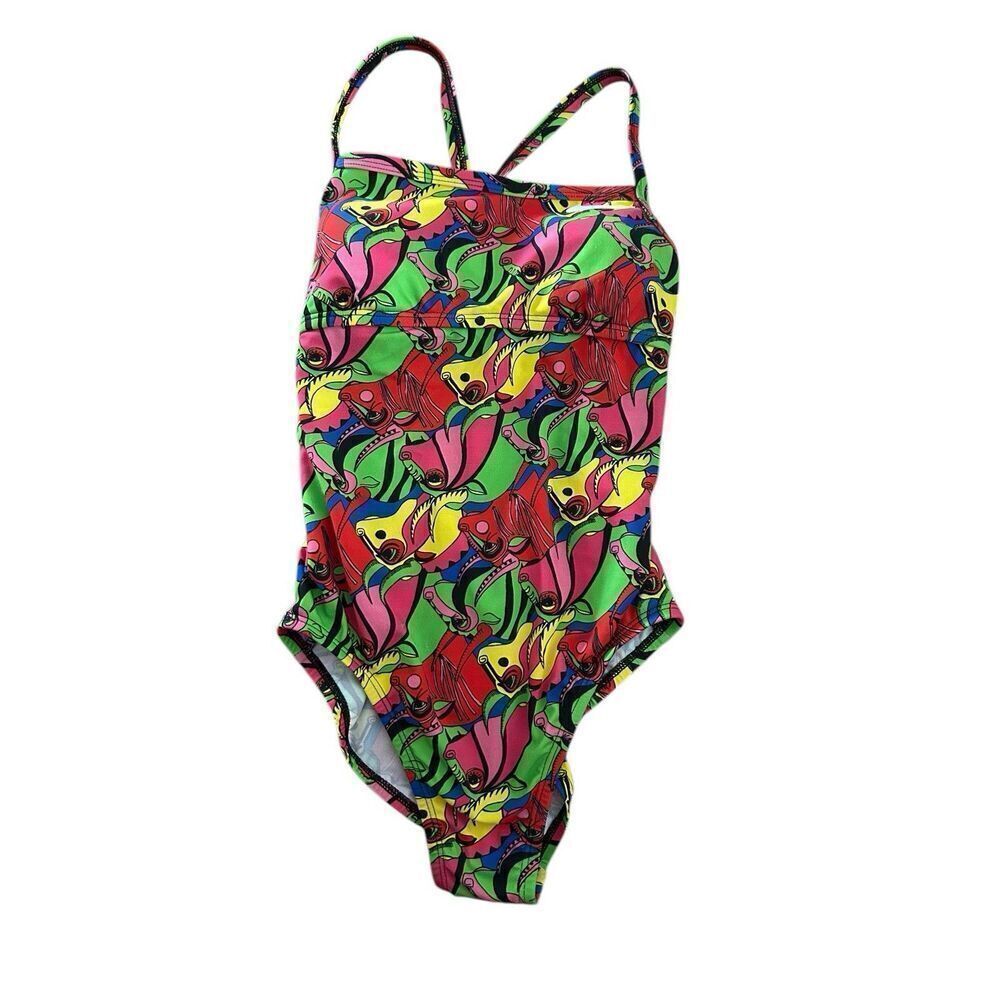 New NIKE HydraStrong Racer Back Printed Women S Red One Piece Swimsuit Colorful